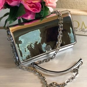 Tory Burch Robinson Mirror Chain Wallet Silver